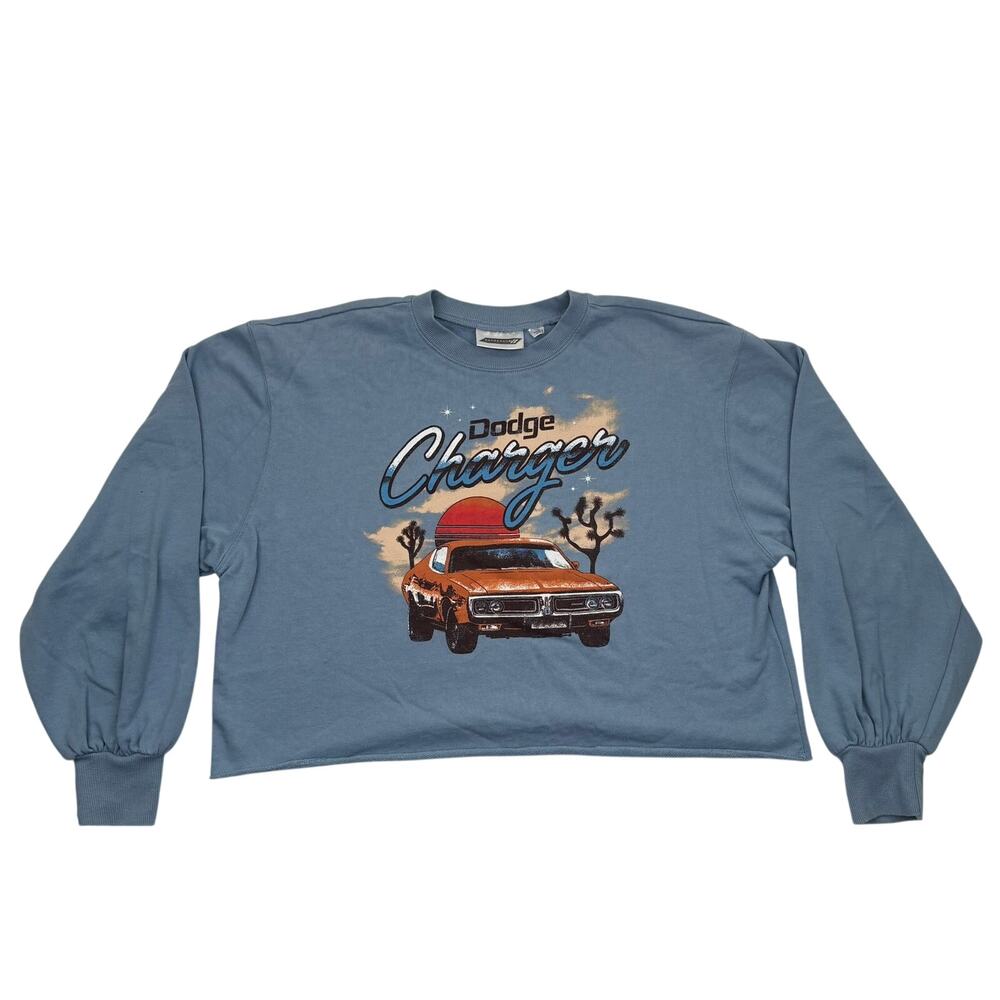 Dodge Charger Cropped Sweatshirt Blue Raw Hem Graphic Women’s L